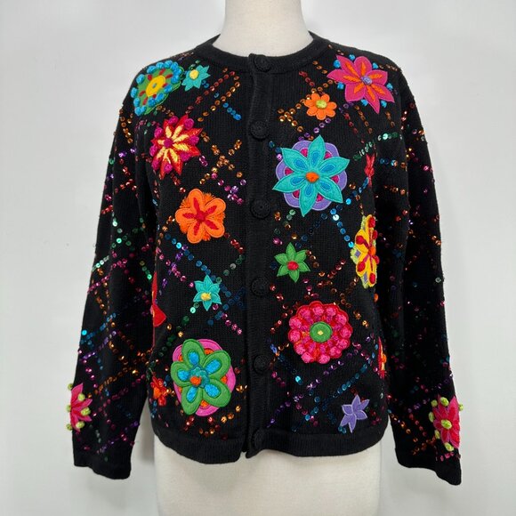 Berek Women’s Floral Button Front Black Cardigan Size L Sequins Embellished Vtg - Picture 5 of 13
